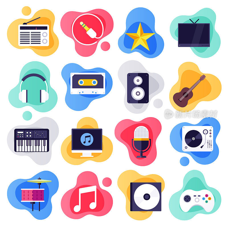 On-demand Services & Music Industry Flat Liquid Style Vector Icon Set